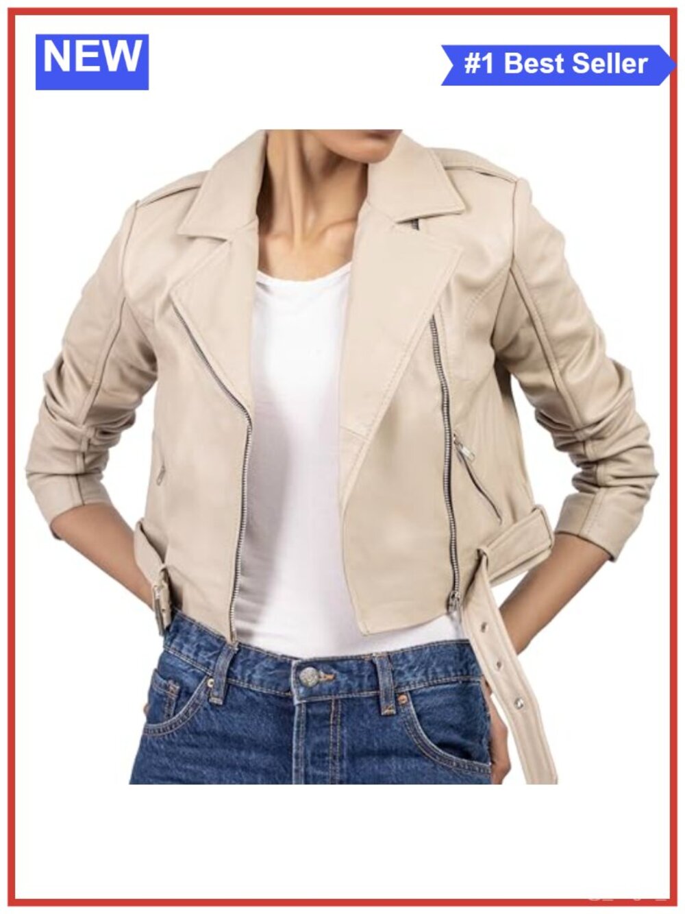 Genuine Leather Cropped Moto Biker Jacket Asymmetric Zip Belted Women's